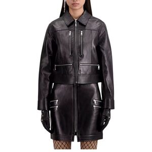 The Kooples Lambskin Leather Mini Skirt Black High Waist Zip Front Sz FR 2/US 6